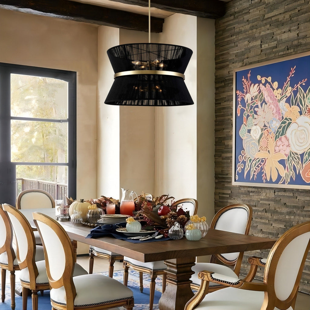 Lustre tambour bohème moderne à 8 lumières, grand format, 61 cm, en tissu tissé à la main, couleur or/noir, pour salle à manger/salon