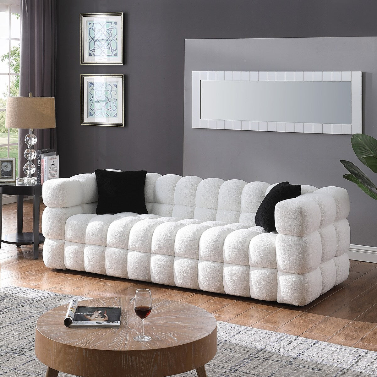 84.3 Luxueux grand canapé Boucle 3 places rembourré Marshmallow avec 2 coussins décoratifs carrés et accoudoir carré