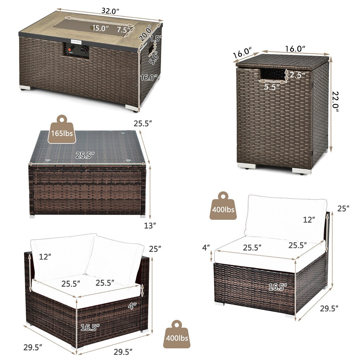 Ensemble de meubles de patio en rotin 8 pièces, table de foyer, support de réservoir, housse de pont
