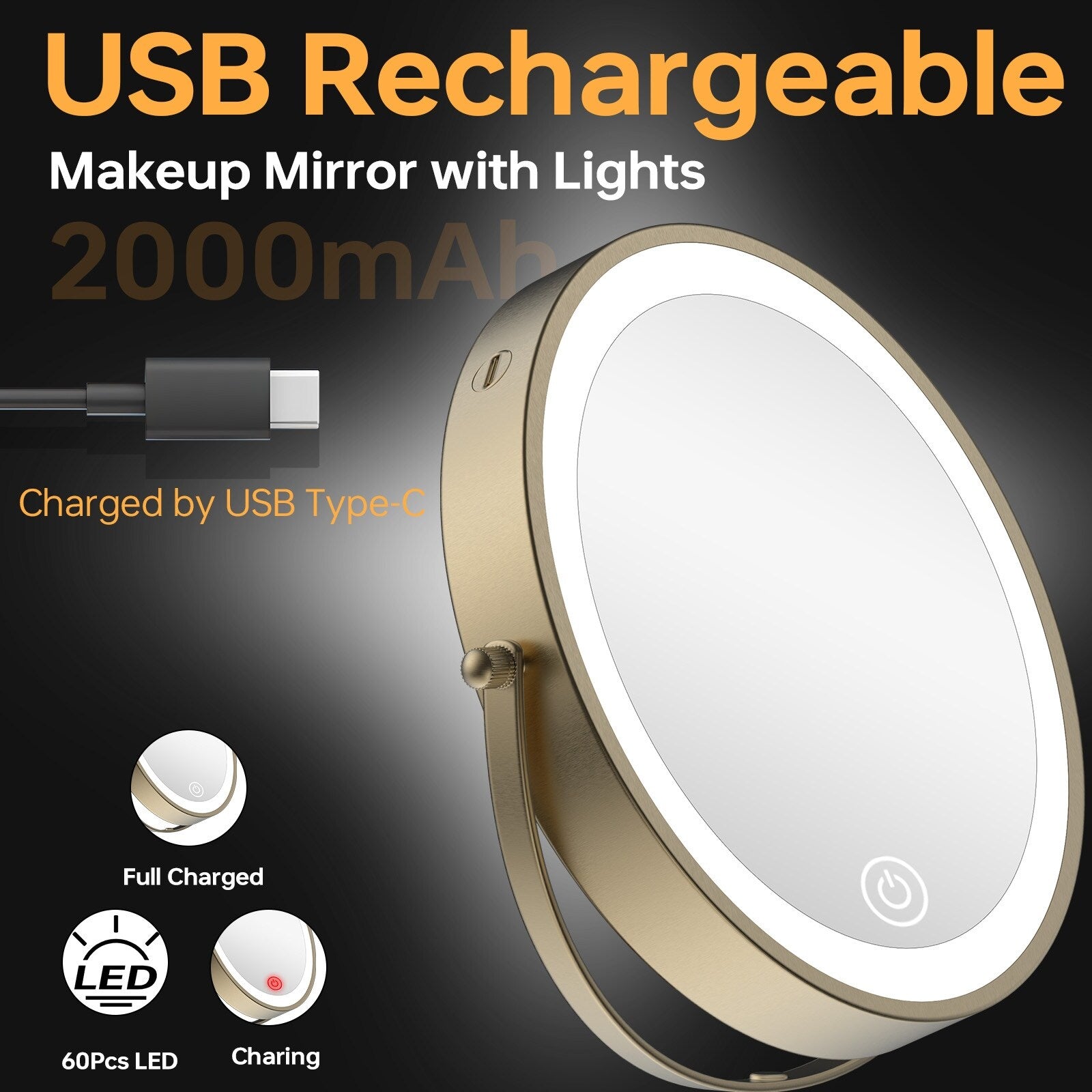 Miroir de maquillage mural rond de 8 pouces pour salle de bain, rechargeable, grossissement 1x/10x, 3 couleurs d'éclairage