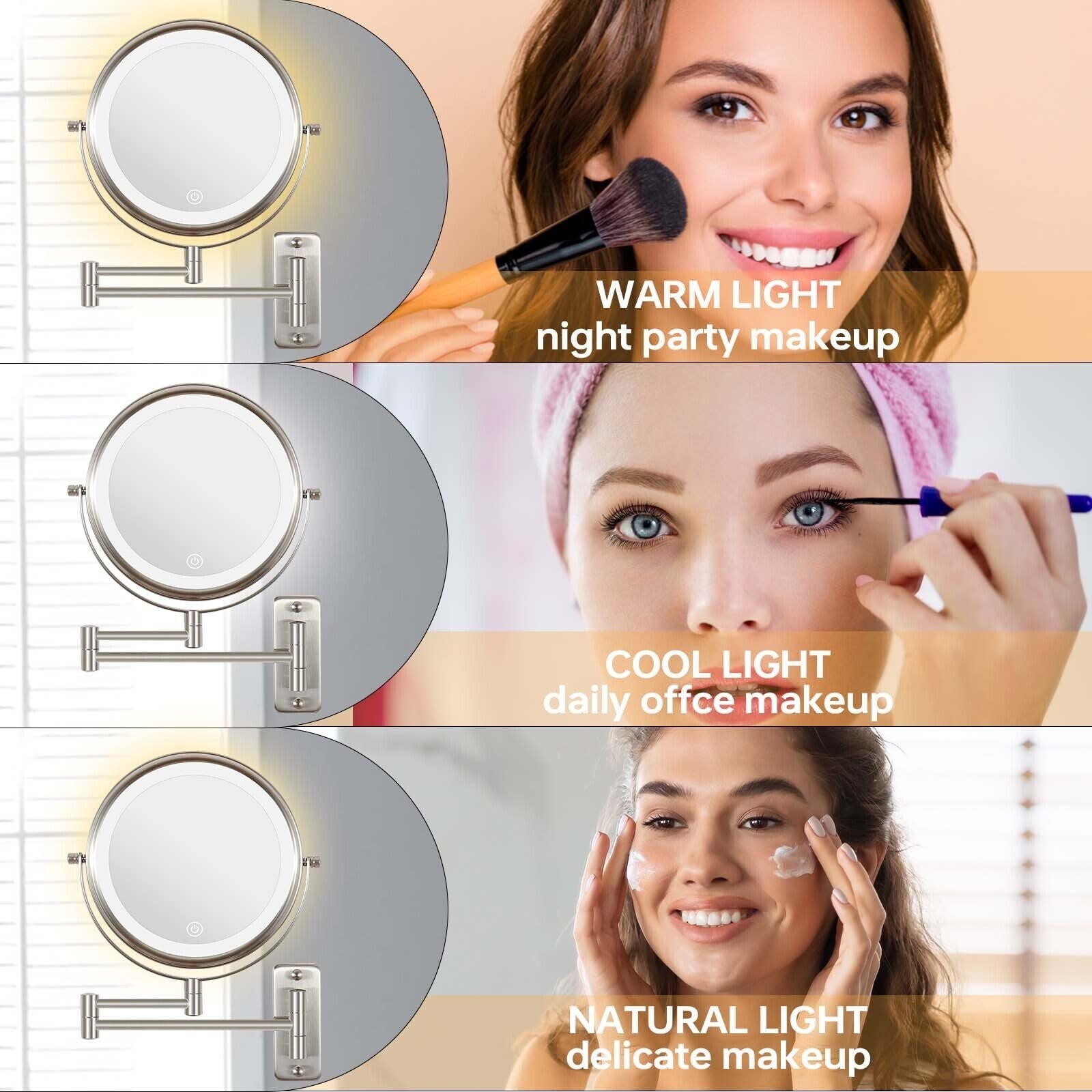 Miroir de maquillage mural rond de 8 pouces pour salle de bain, rechargeable, grossissement 1x/10x, 3 couleurs d'éclairage