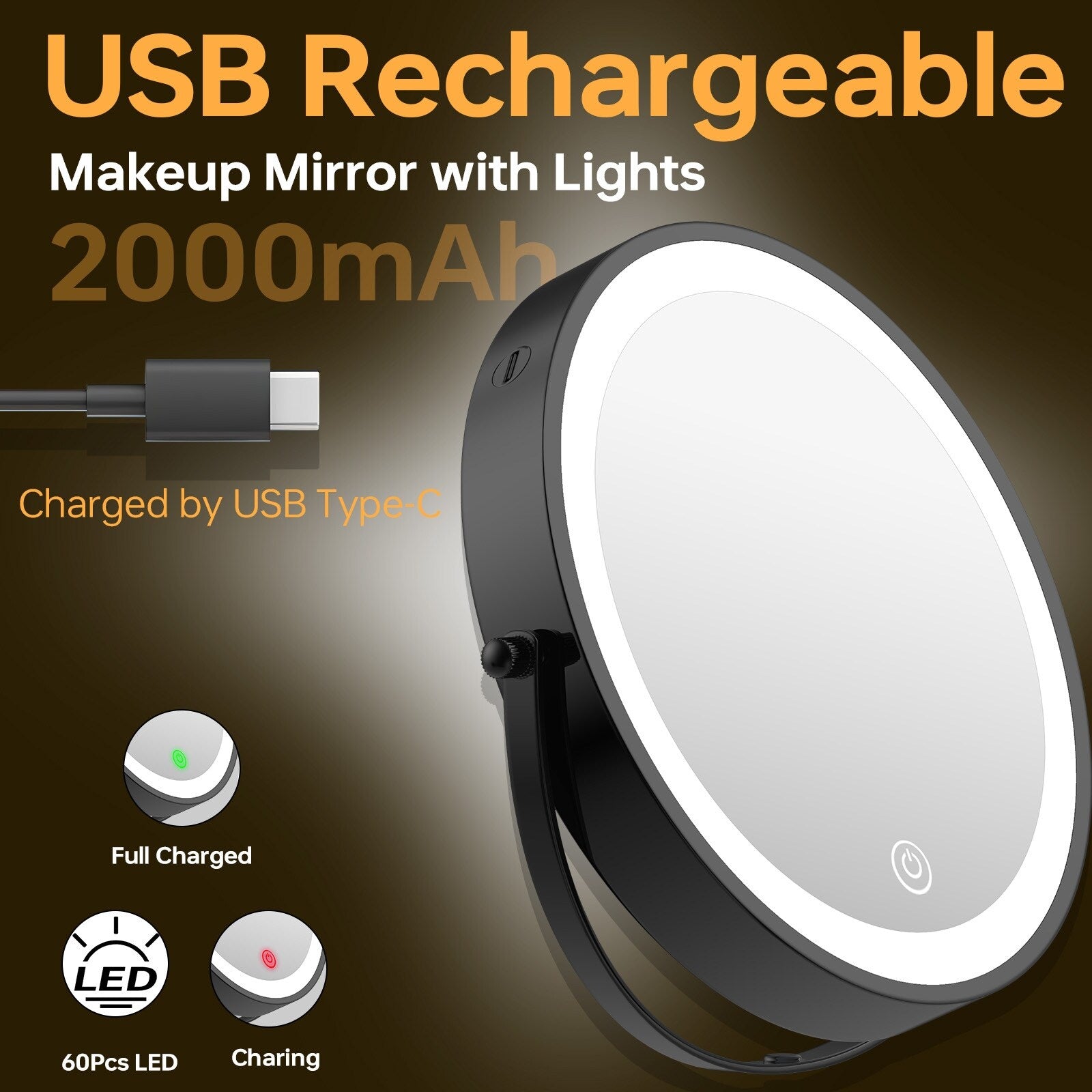 Miroir de maquillage mural rond de 8 pouces pour salle de bain, rechargeable, grossissement 1x/10x, 3 couleurs d'éclairage
