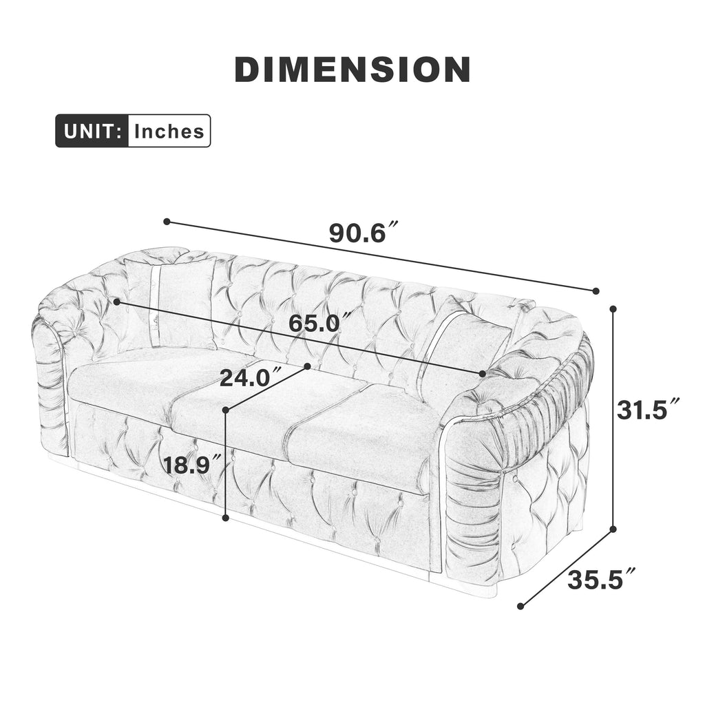Canapé 3 places en velours 90,6 avec 2 coussins haute densité, touches dorées et coussins