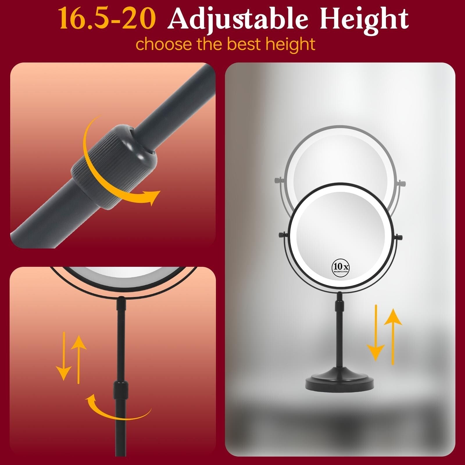Miroir de maquillage éclairé à 9 LED, miroir grossissant double face avec grossissement 1X/10x, 3 couleurs d'éclairage