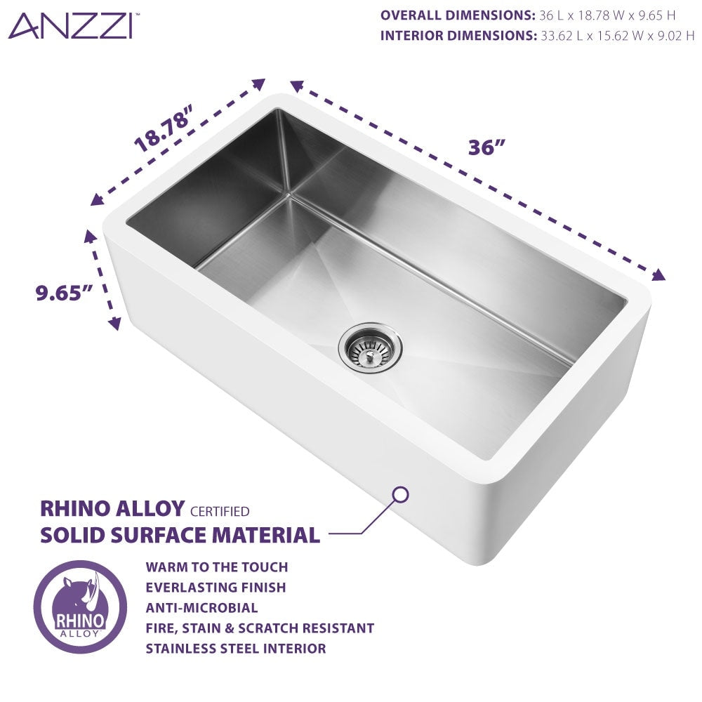 Évier de cuisine simple ANZZI Apollo blanc mat en surface solide de style ferme, 36 po, avec intérieur en acier inoxydable