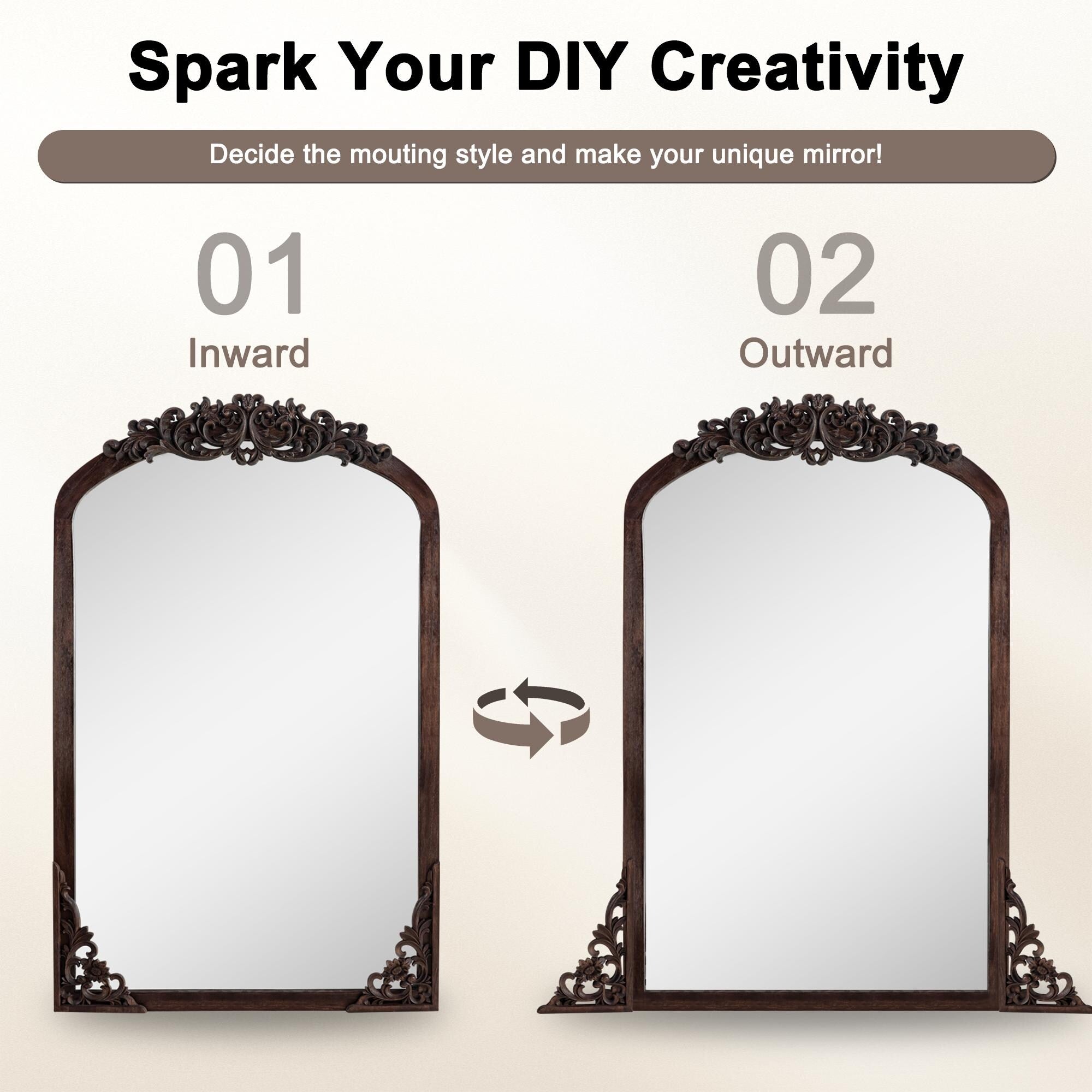 Miroir de sol sculpté en bois massif de forme arquée sur toute la longueur