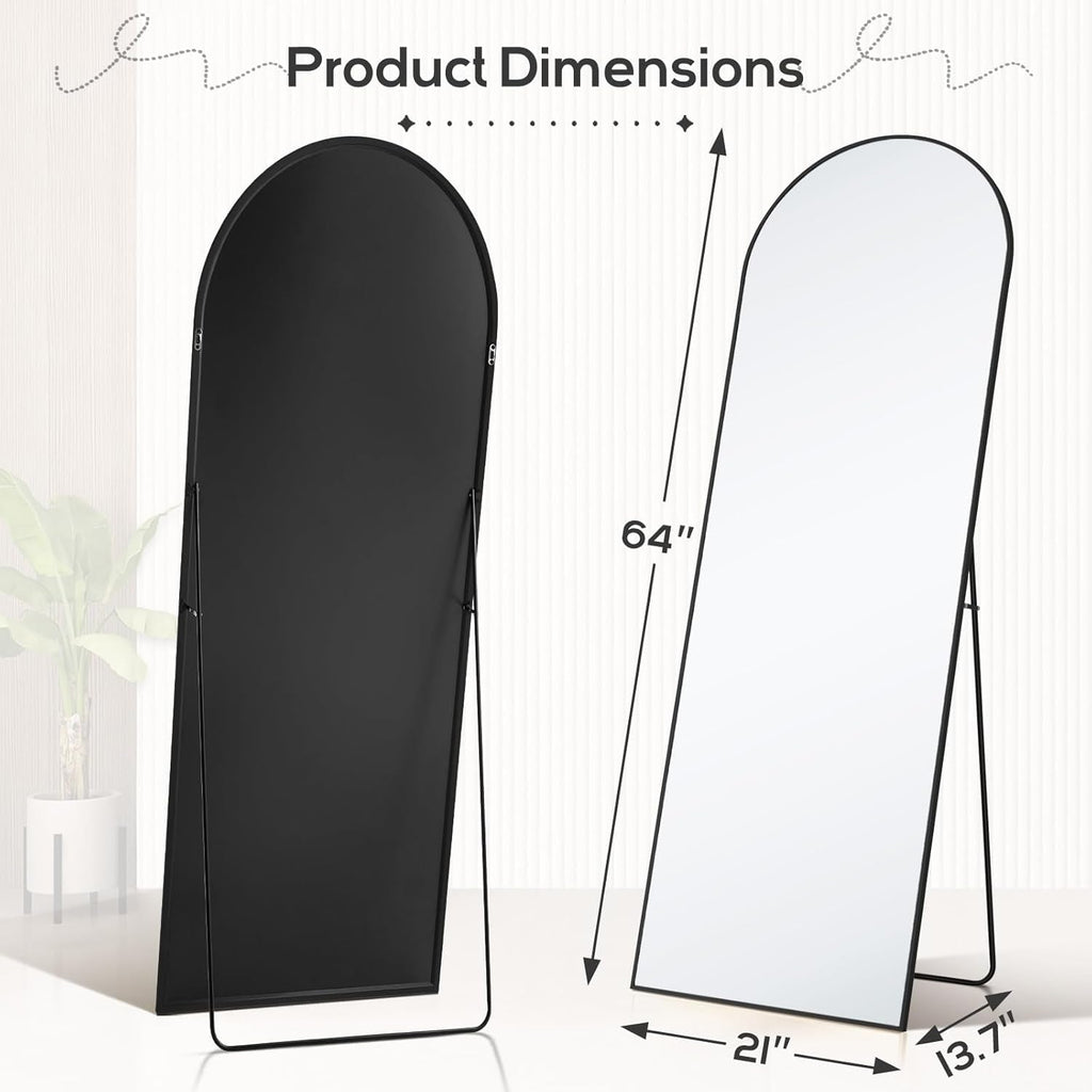 Miroir arqué pleine longueur, 21 x 64 cm, miroir mural en verre incassable, grand miroir arqué avec support et cadre en alliage d'aluminium