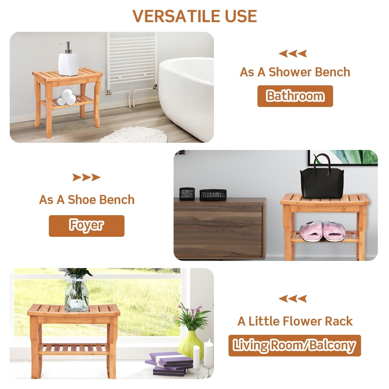 Banc de douche en bambou naturel avec étagère de rangement pour salle de bain et spa - Naturel
