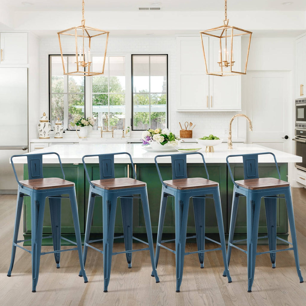 Lot de 4 tabourets de bar industriels en métal avec dossier et assise en bois