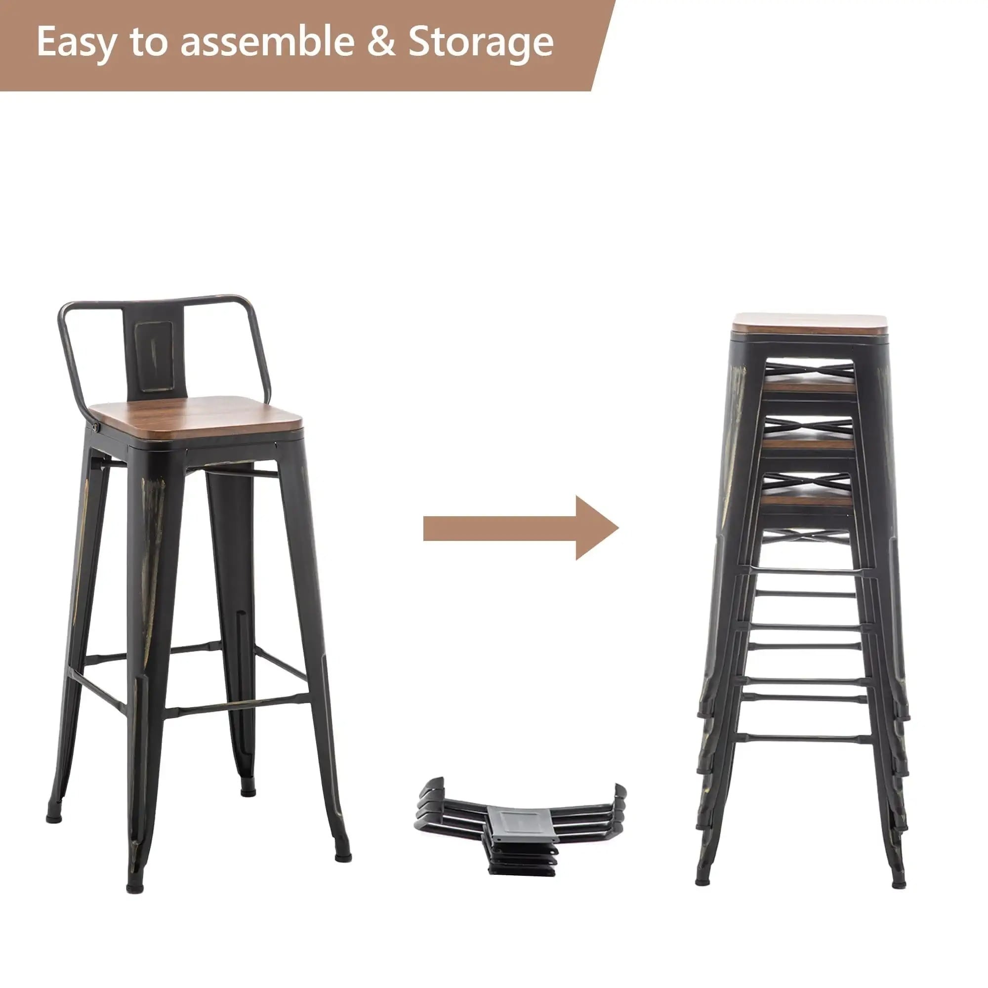 Lot de 4 tabourets de bar industriels en métal avec dossier et assise en bois