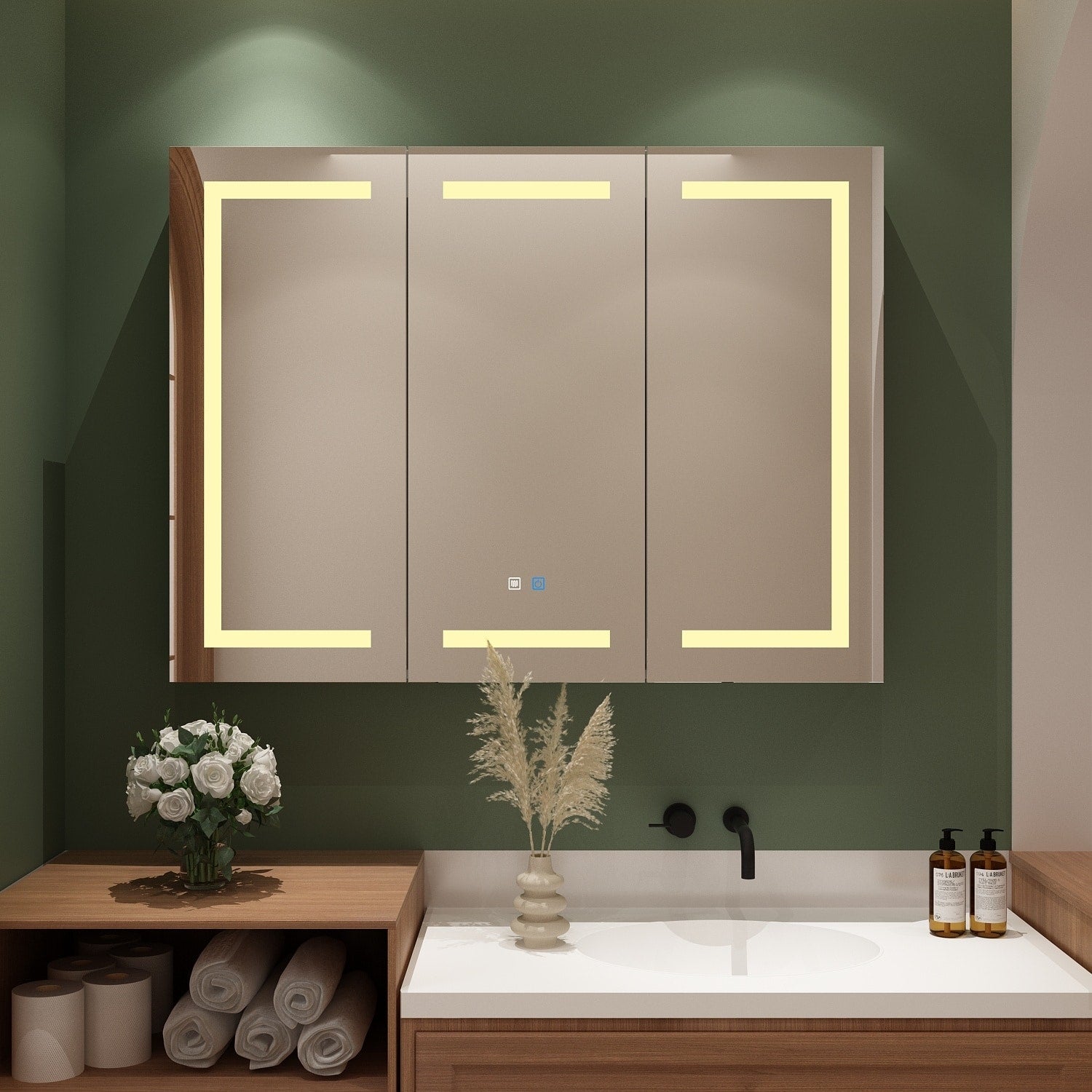 Armoire à pharmacie de salle de bain avec miroir LED antibuée 6 000 K, armoire murale blanche