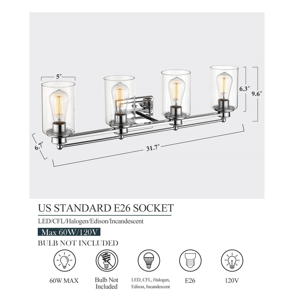 Applique murale pour salle de bain, lampe à placer au-dessus du miroir avec abat-jour en verre transparent