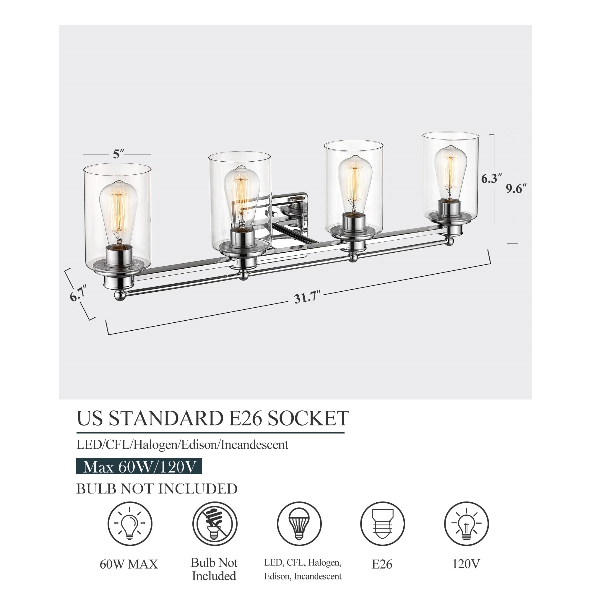 Applique murale pour salle de bain, lampe à placer au-dessus du miroir avec abat-jour en verre transparent