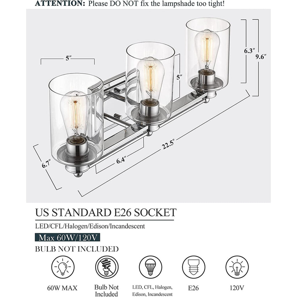 Applique murale pour salle de bain, lampe à placer au-dessus du miroir avec abat-jour en verre transparent