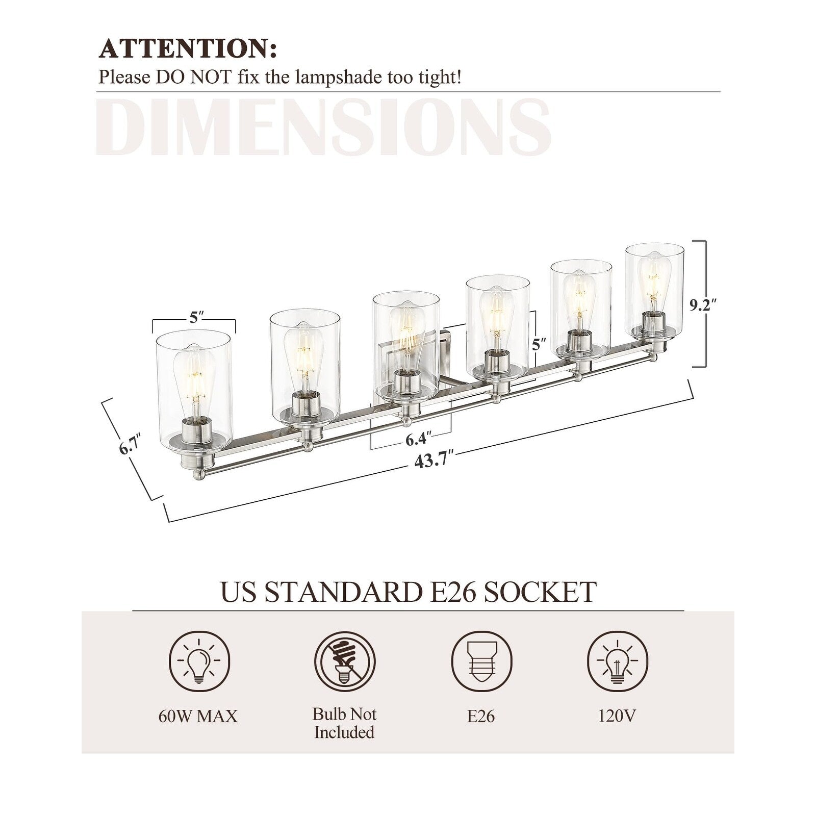 Applique murale pour salle de bain, lampe à placer au-dessus du miroir avec abat-jour en verre transparent