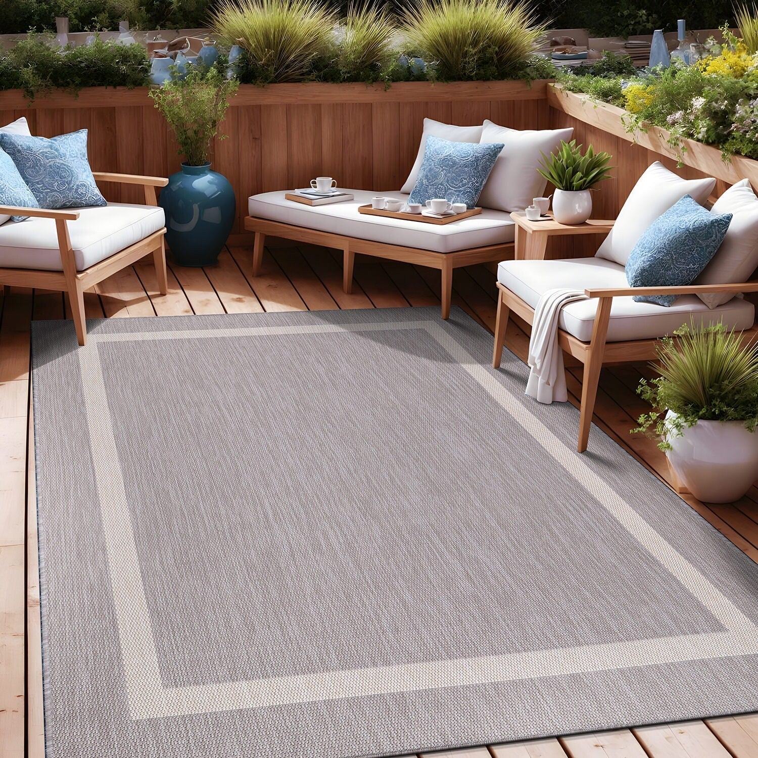 Tapis Beverly Rug moderne à bordures pour intérieur et extérieur, tapis d'extérieur pour patio, terrasse, porche