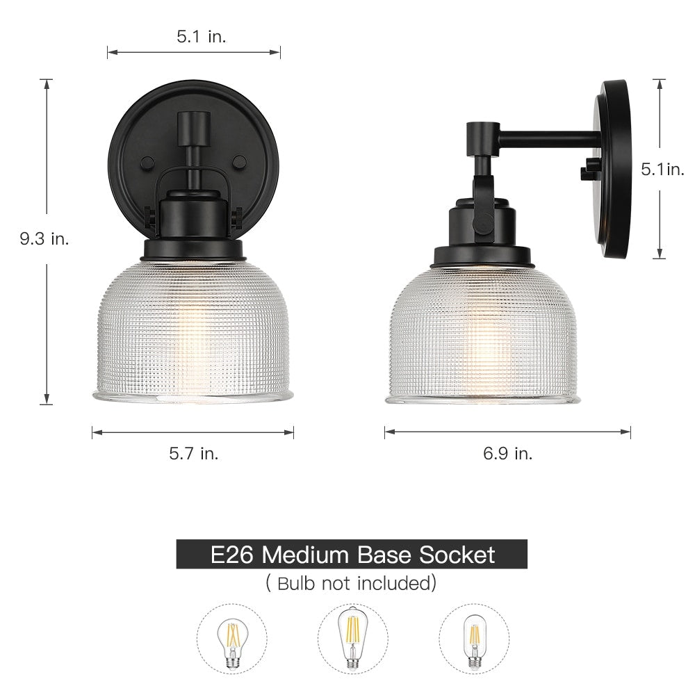Applique murale noire pour salle de bain avec abat-jour en verre prismatique transparent
