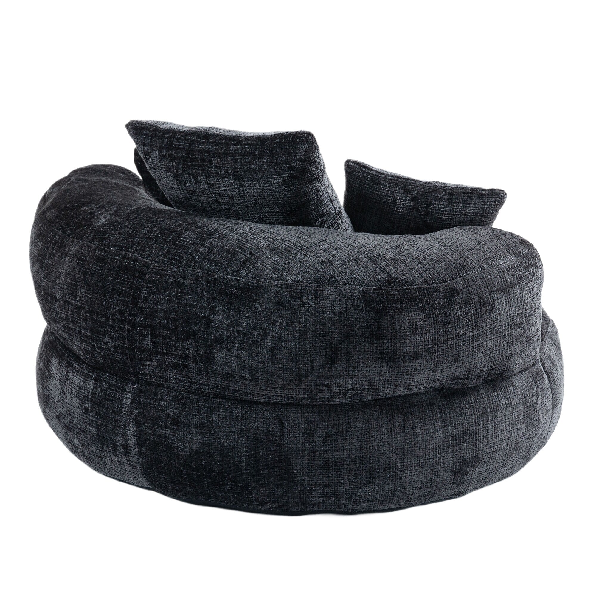 Pouf simple surdimensionné en chenille noir de 42,52 pouces avec trois oreillers pour chambre à coucher