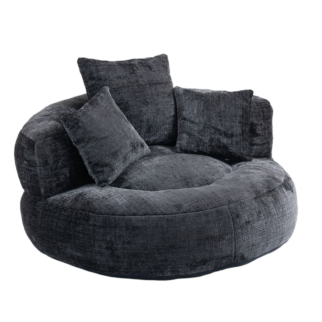 Pouf simple surdimensionné en chenille noir de 42,52 pouces avec trois oreillers pour chambre à coucher
