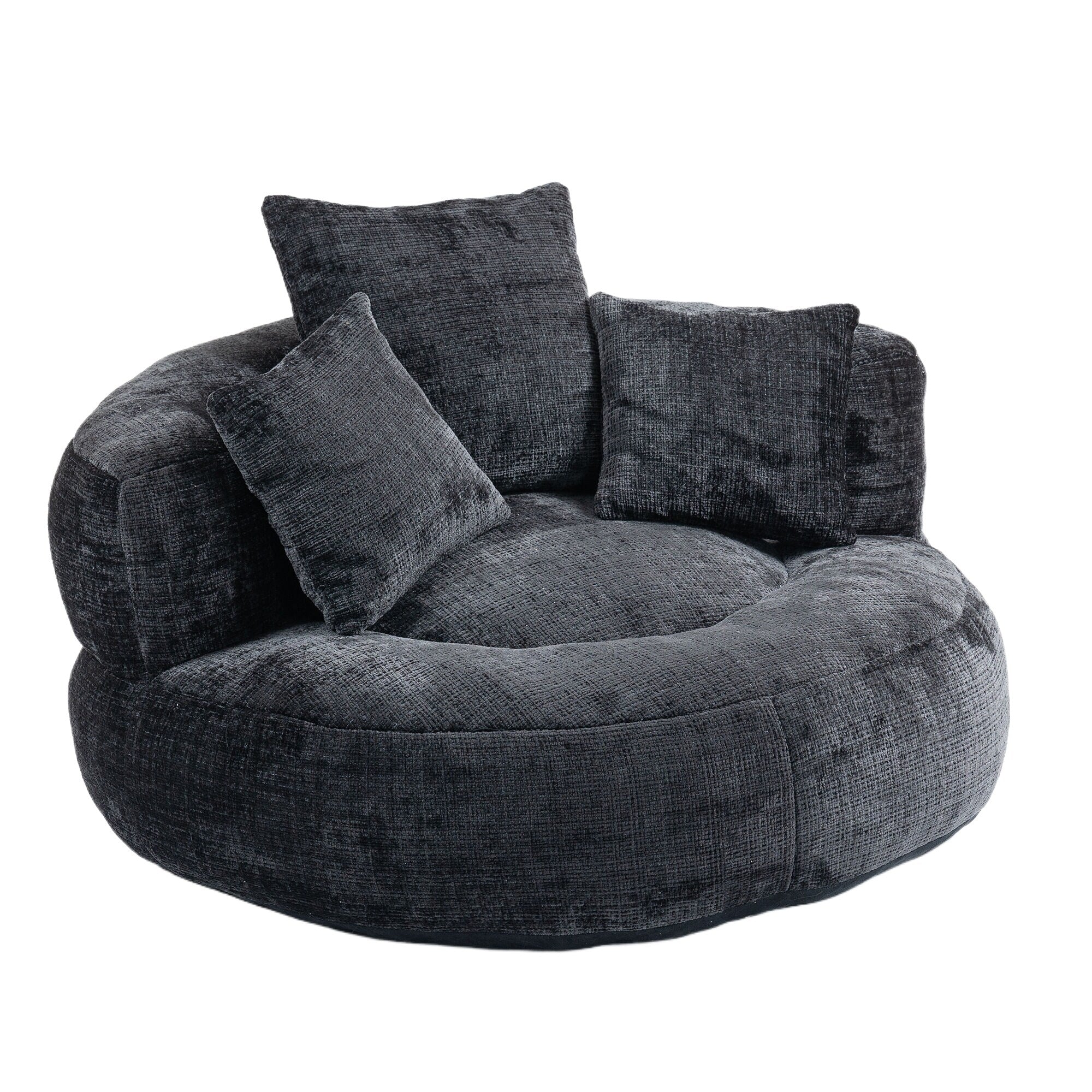 Pouf simple surdimensionné en chenille noir de 42,52 pouces avec trois oreillers pour chambre à coucher