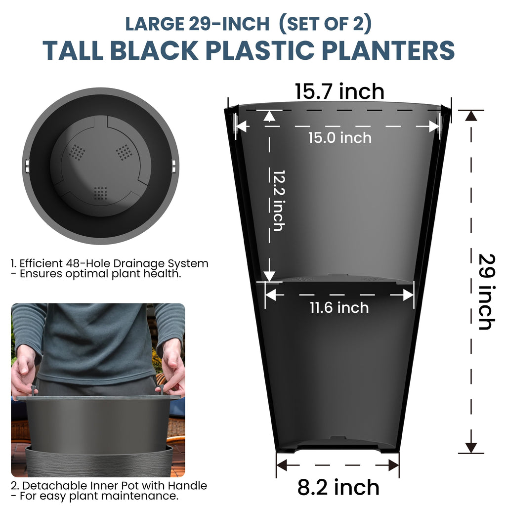 Ensemble de 2 grands pots ronds en plastique noir pour fleurs d'intérieur et d'extérieur