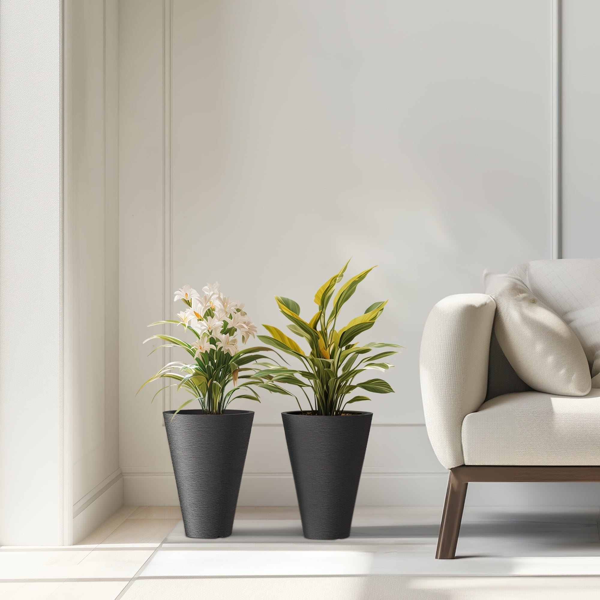 Ensemble de 2 grands pots ronds en plastique noir pour fleurs d'intérieur et d'extérieur