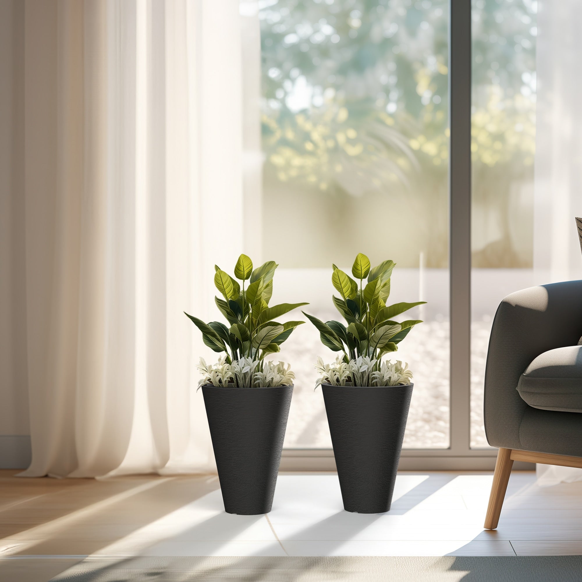 Ensemble de 2 grands pots ronds en plastique noir pour fleurs d'intérieur et d'extérieur