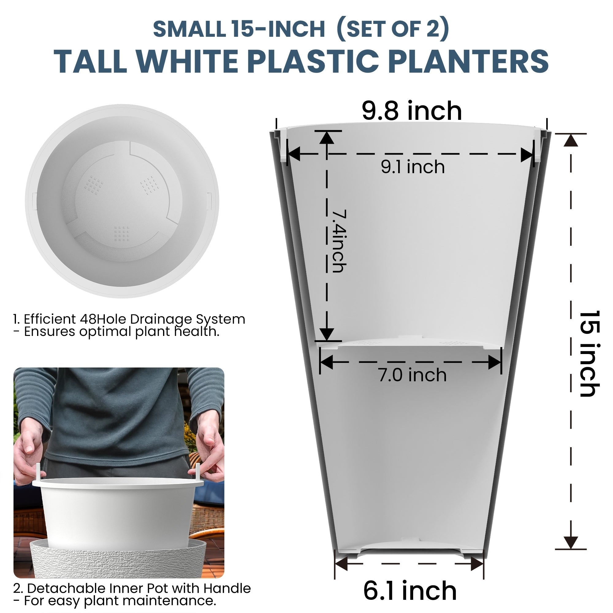 Ensemble de 2 grands pots ronds en plastique noir pour fleurs d'intérieur et d'extérieur