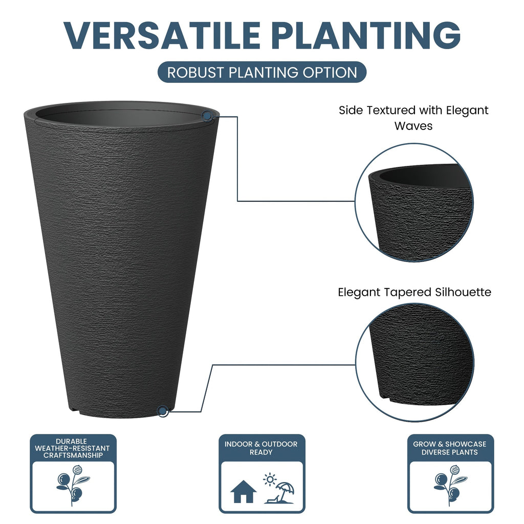 Ensemble de 2 grands pots ronds en plastique noir pour fleurs d'intérieur et d'extérieur