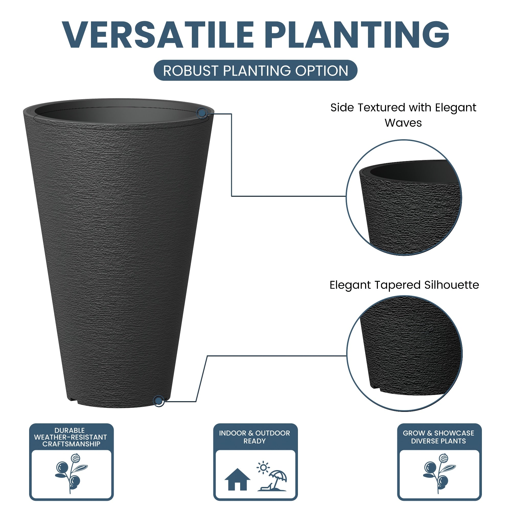 Ensemble de 2 grands pots ronds en plastique noir pour fleurs d'intérieur et d'extérieur