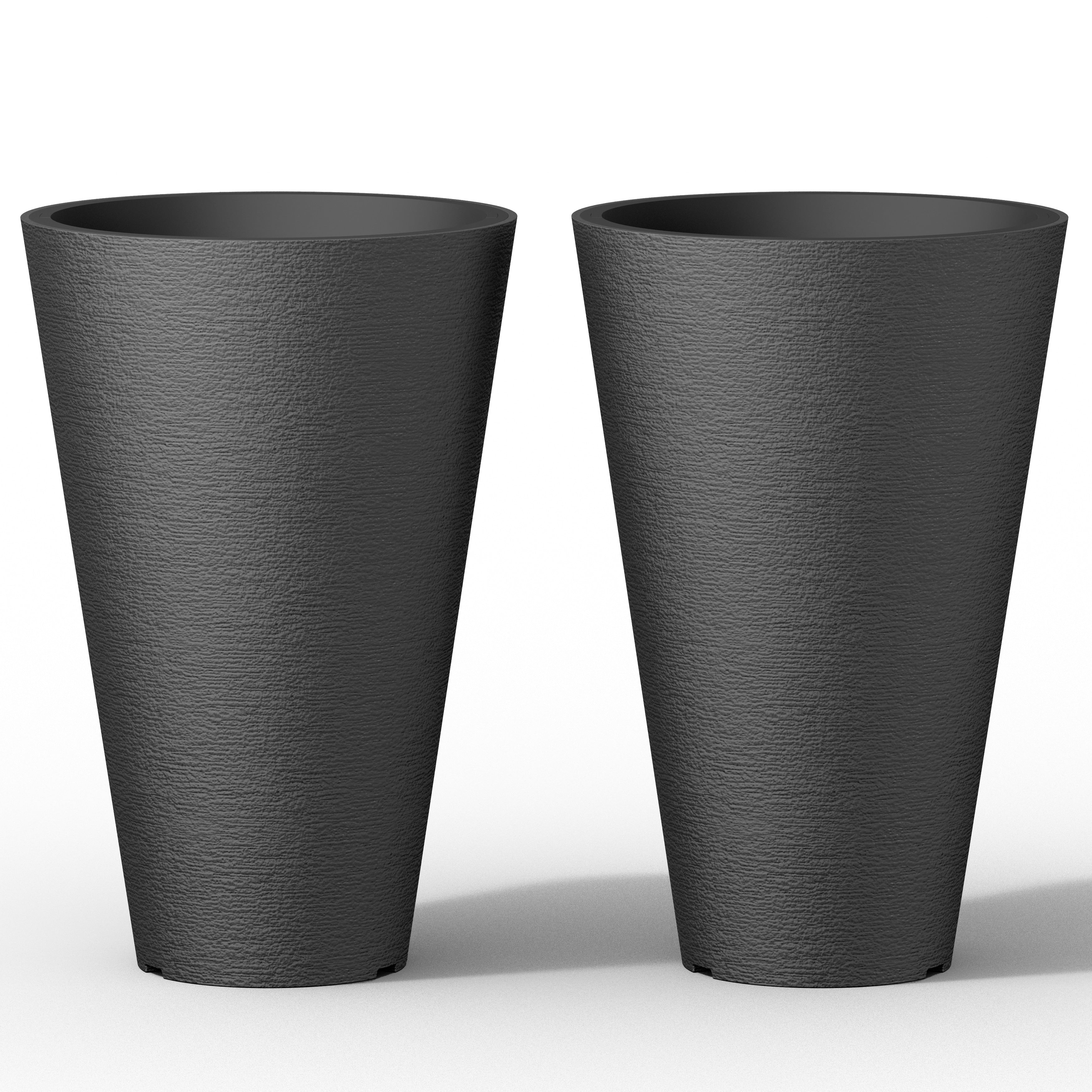 Ensemble de 2 grands pots ronds en plastique noir pour fleurs d'intérieur et d'extérieur
