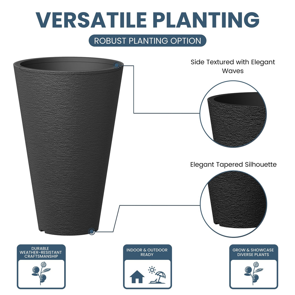 Ensemble de 2 grands pots ronds en plastique noir pour fleurs d'intérieur et d'extérieur