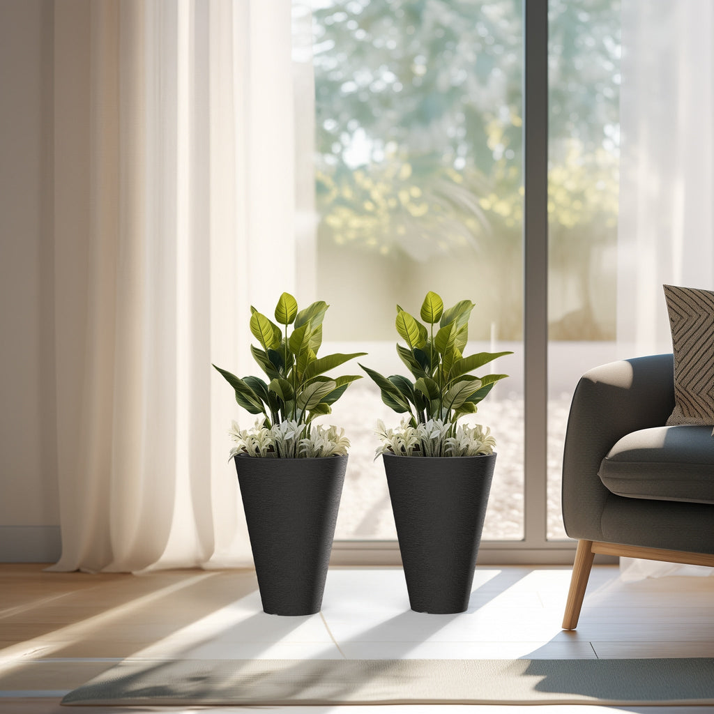 Ensemble de 2 grands pots ronds en plastique noir pour fleurs d'intérieur et d'extérieur