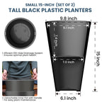 Ensemble de 2 grands pots ronds en plastique noir pour fleurs d'intérieur et d'extérieur