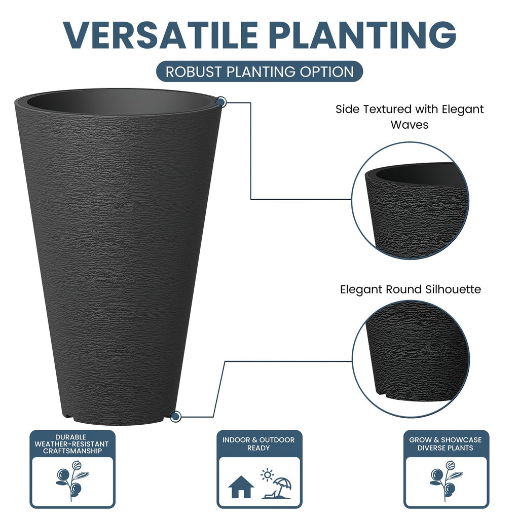 Ensemble de 2 grands pots ronds en plastique noir pour fleurs d'intérieur et d'extérieur