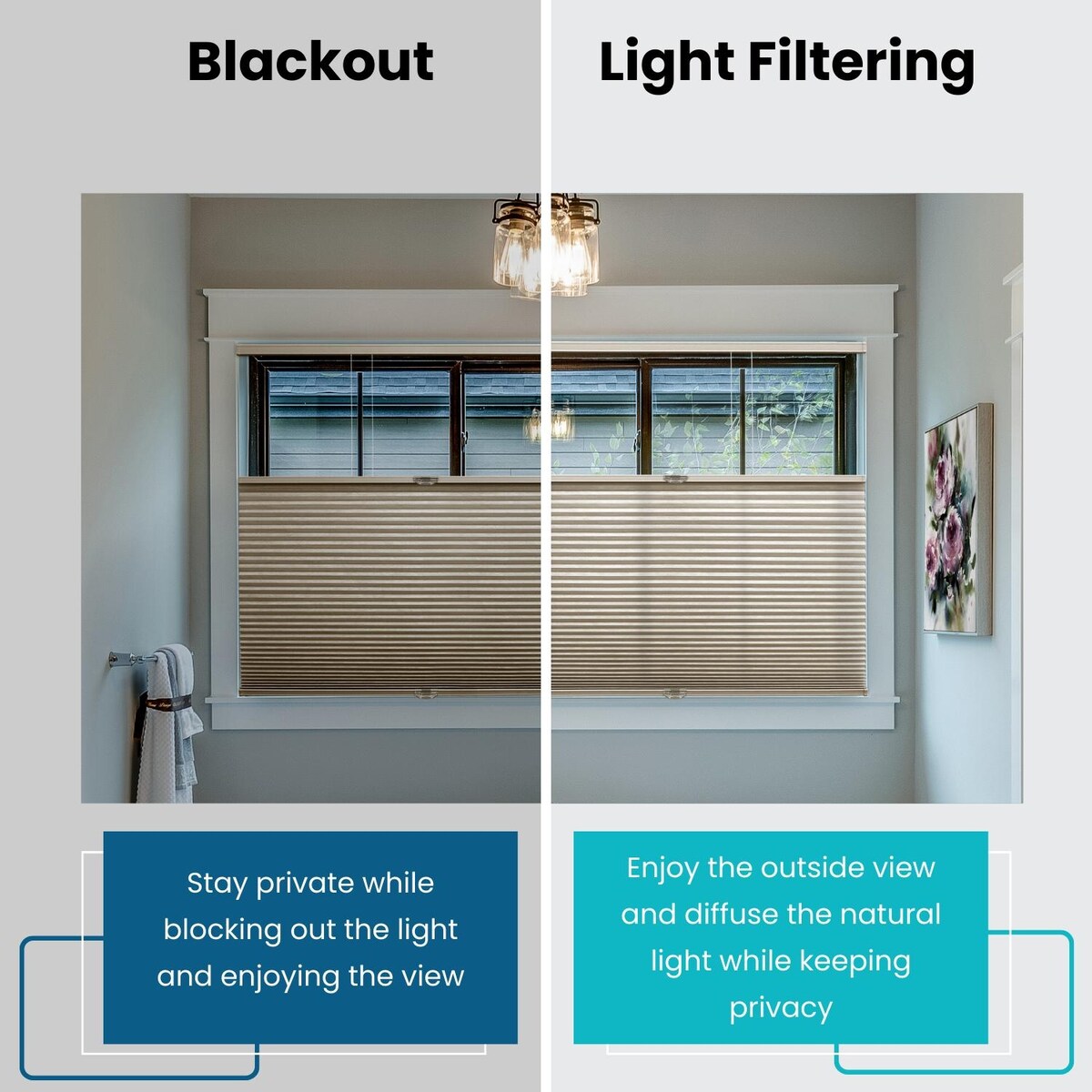 Store alvéolaire sans cordon BlindsAvenue, ouverture par le haut et par le bas, alvéole simple de 9/16 po, filtration de la lumière, motif pierre.