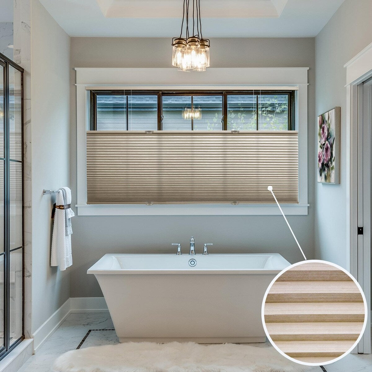 Store alvéolaire sans cordon BlindsAvenue, ouverture par le haut et par le bas, alvéole simple de 9/16 po, filtration de la lumière, motif pierre.