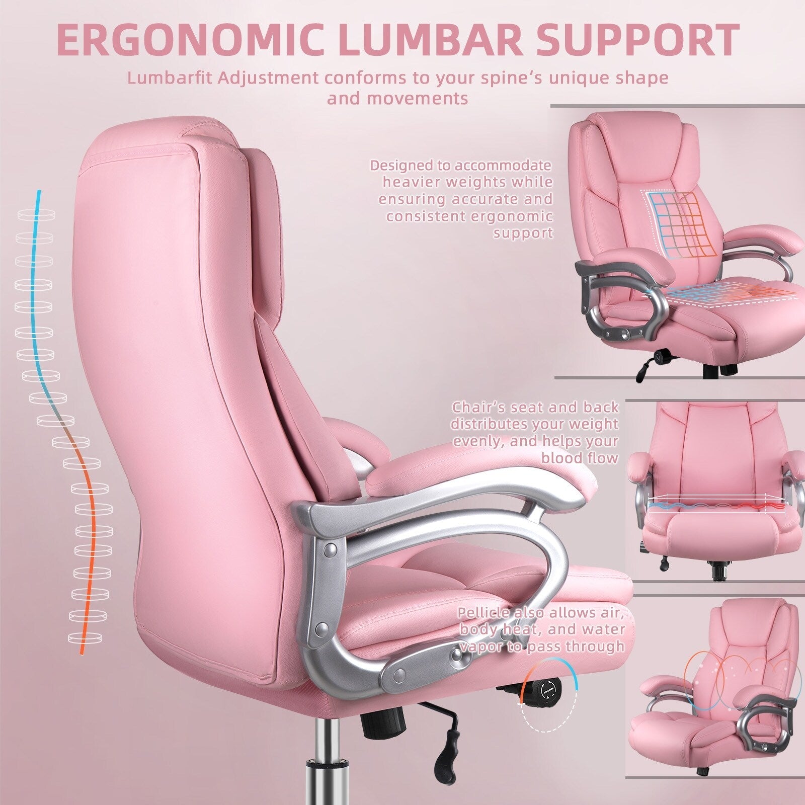 Chaise de bureau exécutive Bossin Big and Tall, chaise ergonomique à support lombaire réglable de 500 lb avec dossier haut en cuir PU pour ordinateur