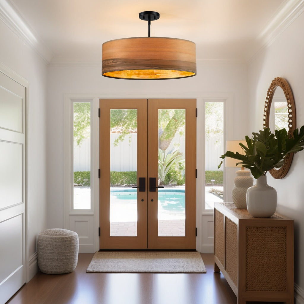 Lustre tambour Breaux à 4 lumières en placage de bois avec auvent noir - 22 po de largeur