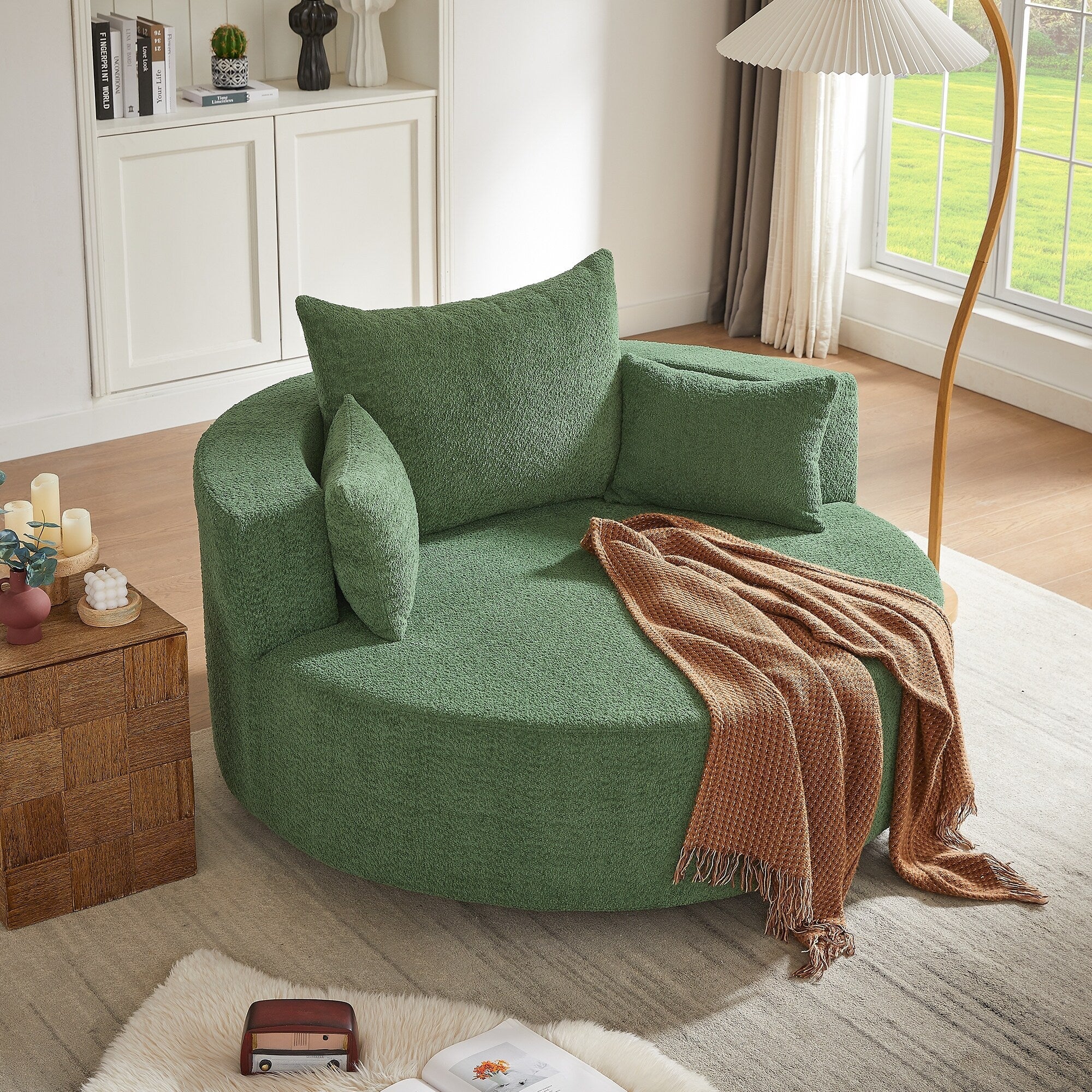 Fauteuil d'appoint en chenille, fauteuil rond avec base pivotante à 360 degrés et 3 coussins amovibles