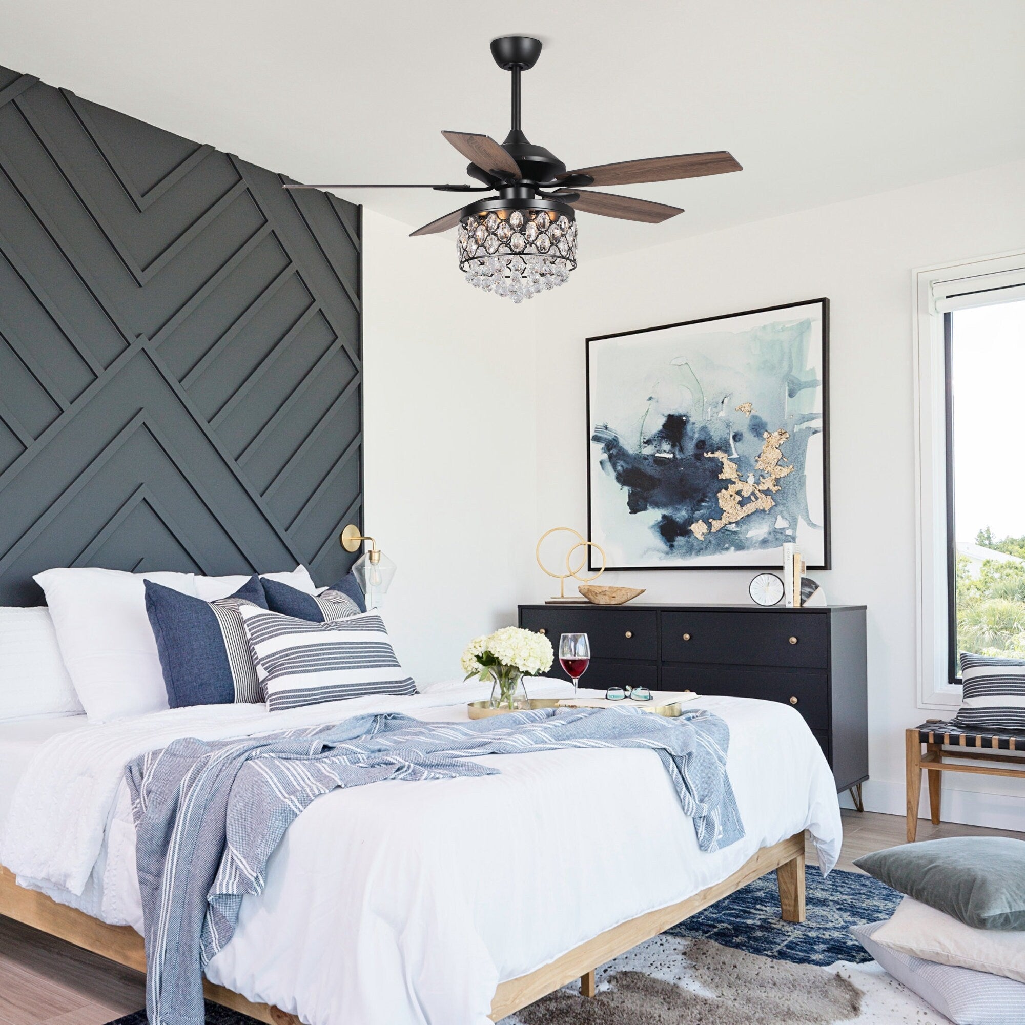 Lustre/ventilateur de plafond à 4 lumières en chrome/cristal avec télécommande