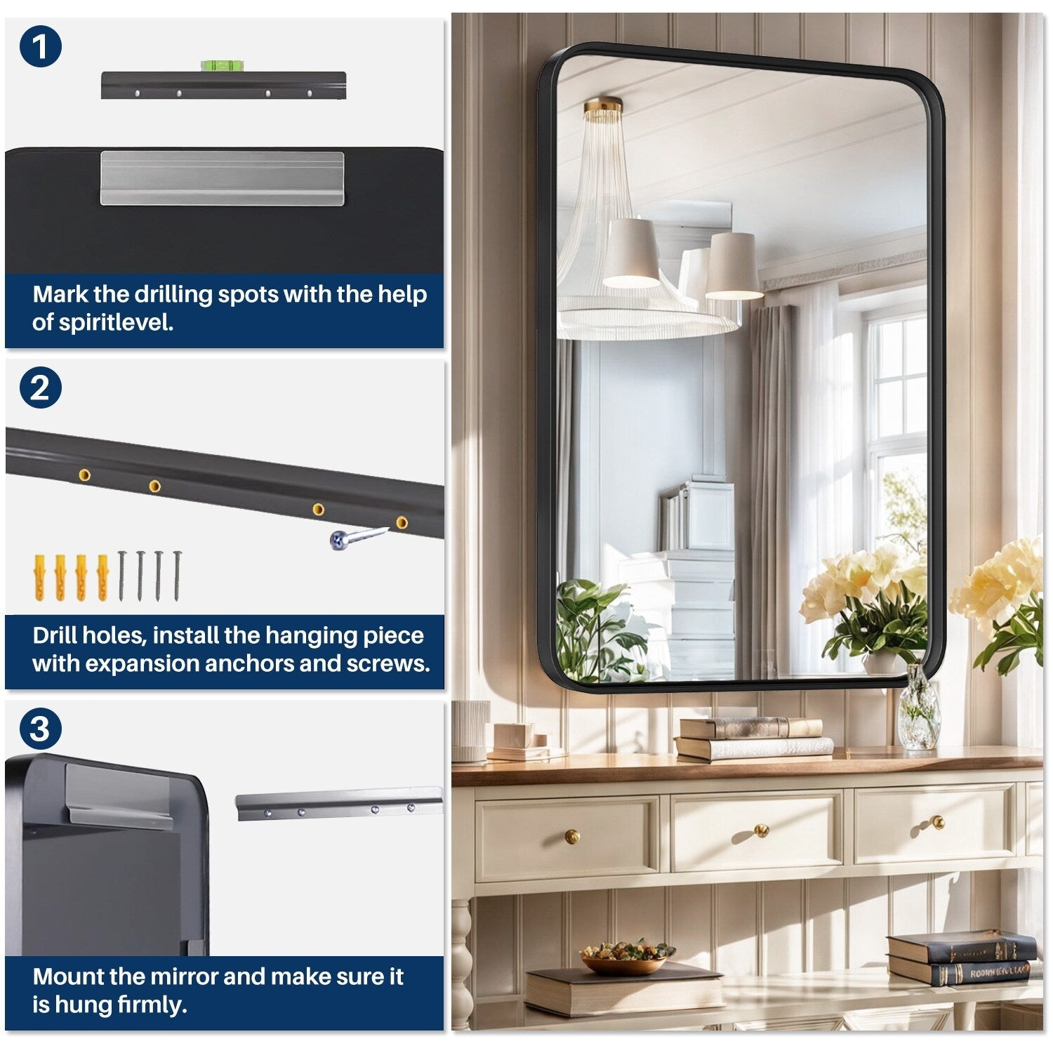 Miroir de salle de bain à suspendre au-dessus du lavabo, grand miroir mat, décoratif pour salle de bain, style campagnard, à installer horizontalement ou verticalement.