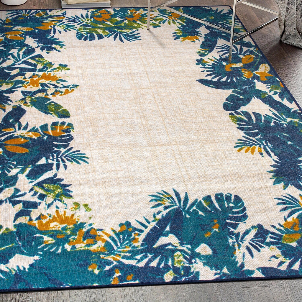 Tapis d'intérieur/extérieur à bordure florale contemporaine