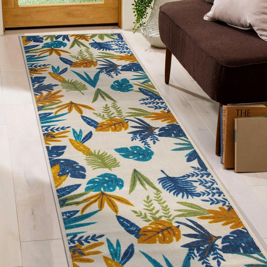 Tapis d'intérieur/extérieur contemporain à motif floral et feuilles
