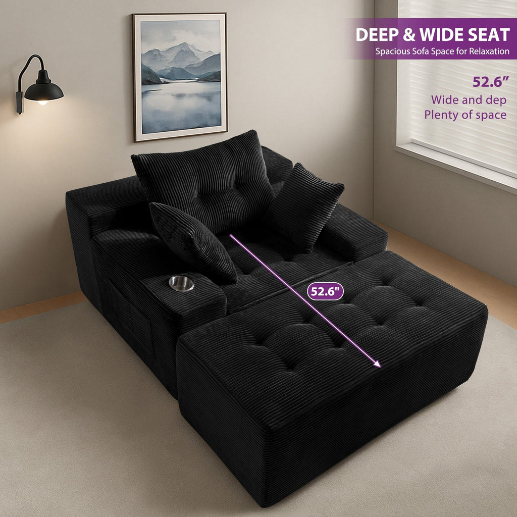 Canapé pouf rembourré en velours côtelé et mousse à mémoire de forme avec pouf - 48,4 L x 67,7 l x 24,4 H