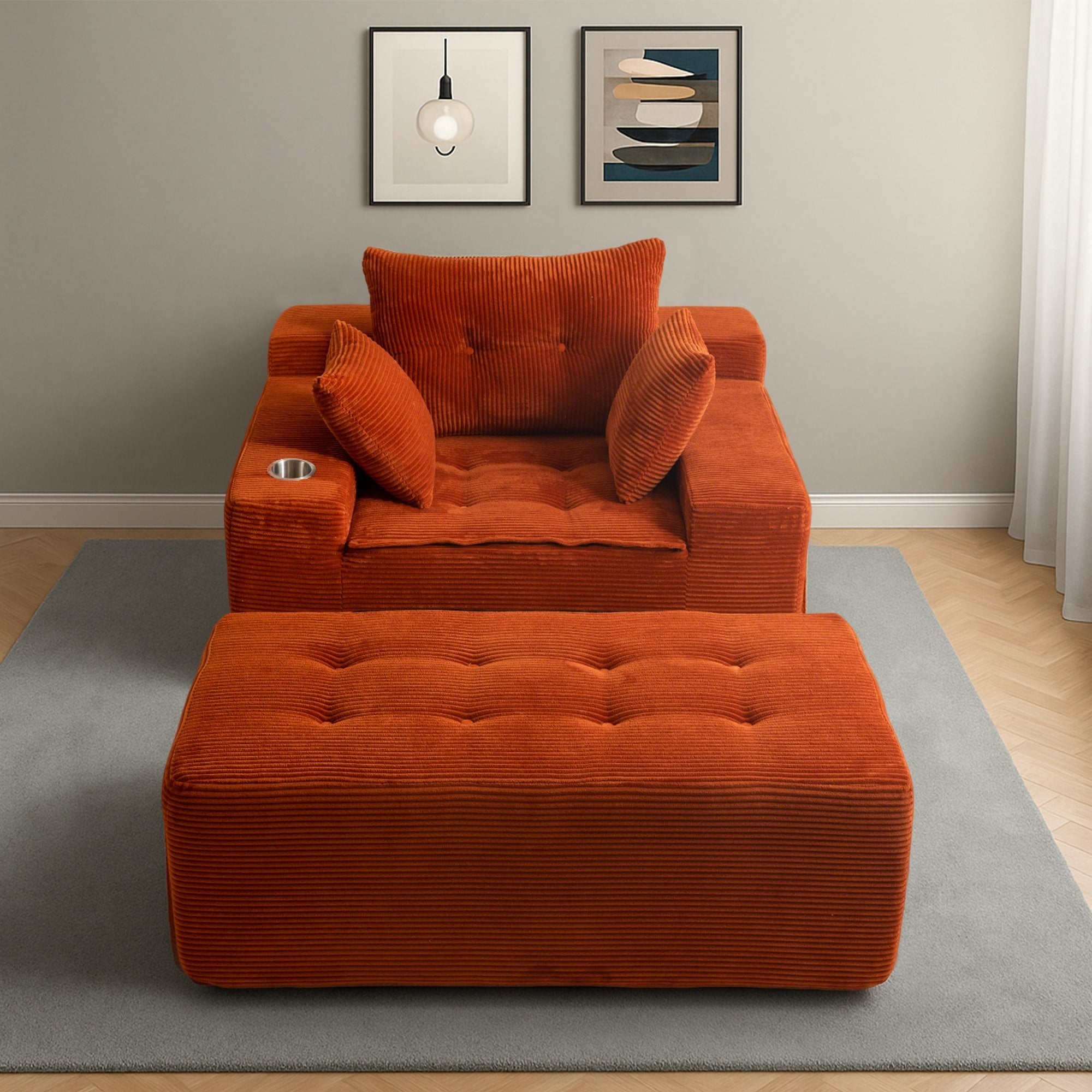 Canapé pouf rembourré en velours côtelé et mousse à mémoire de forme avec pouf - 48,4 L x 67,7 l x 24,4 H
