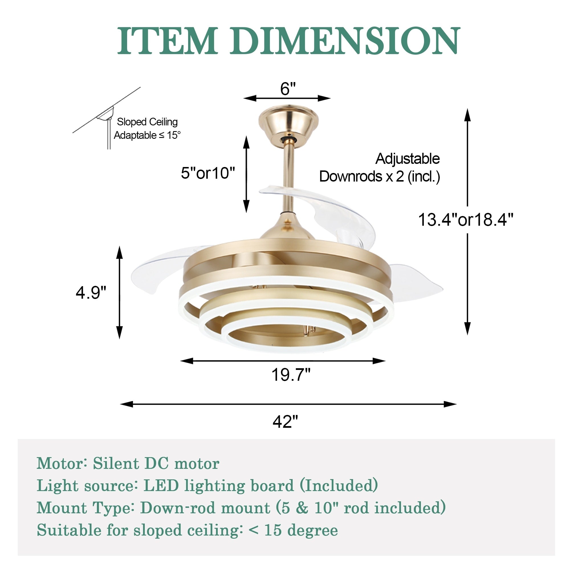 Ventilateur de plafond rétractable Cusp Barn 42 avec lumières et télécommande DIY Forme Fandelier Moderne Silencieux Moteur CC Plafonnier LED