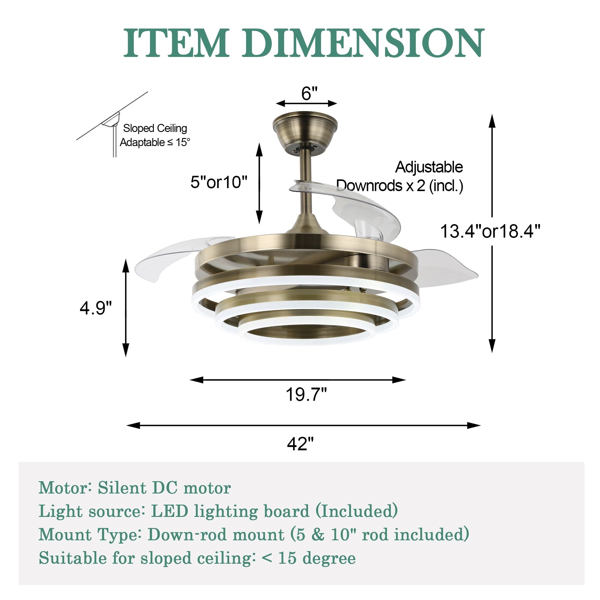 Ventilateur de plafond rétractable Cusp Barn 42 avec lumières et télécommande DIY Forme Fandelier Moderne Silencieux Moteur CC Plafonnier LED
