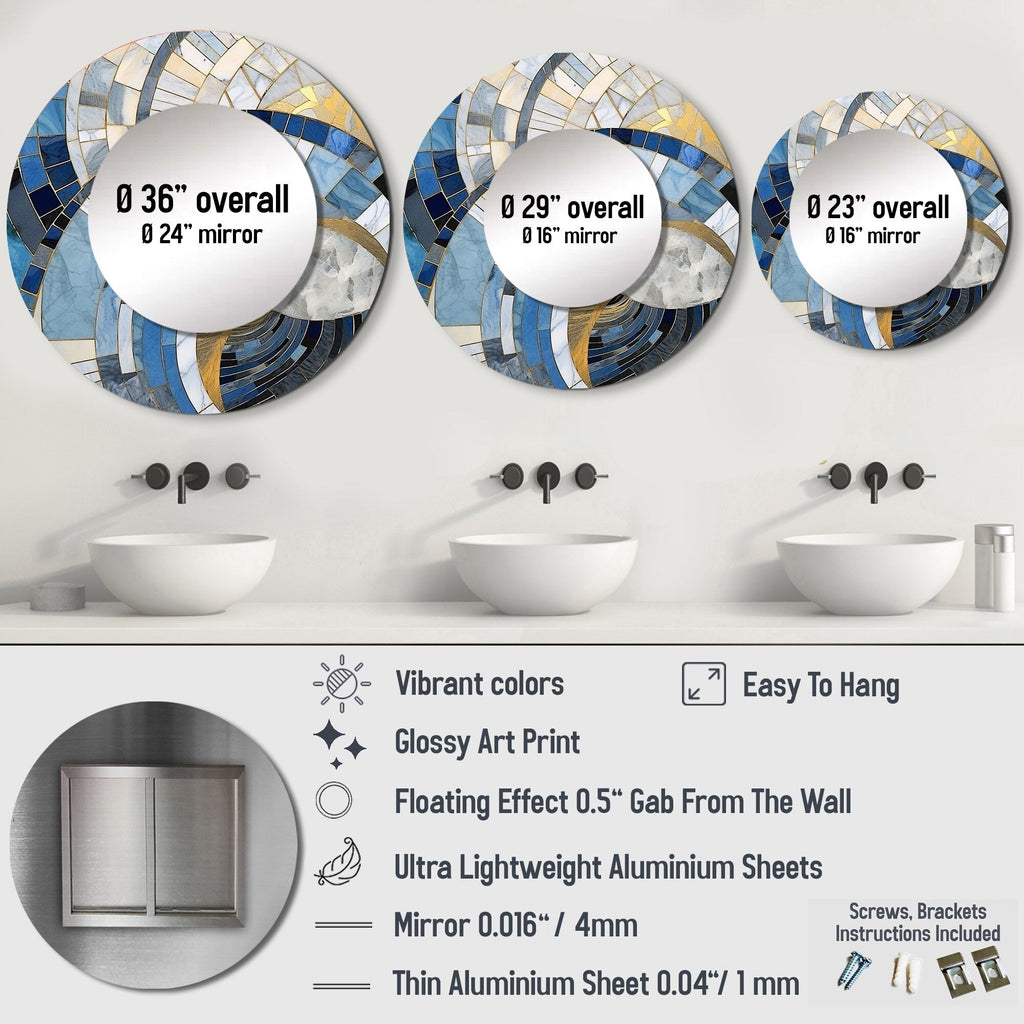 Miroir rond Designart Gold Constructing Blue Realms I Formes abstraites - Miroir de salon bleu moderne