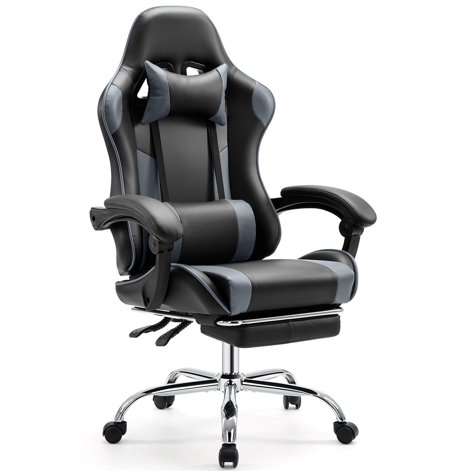 Fauteuil de jeu ergonomique pivotant à 360° en cuir PU avec repose-pieds, appui-tête, soutien lombaire et hauteur réglable
